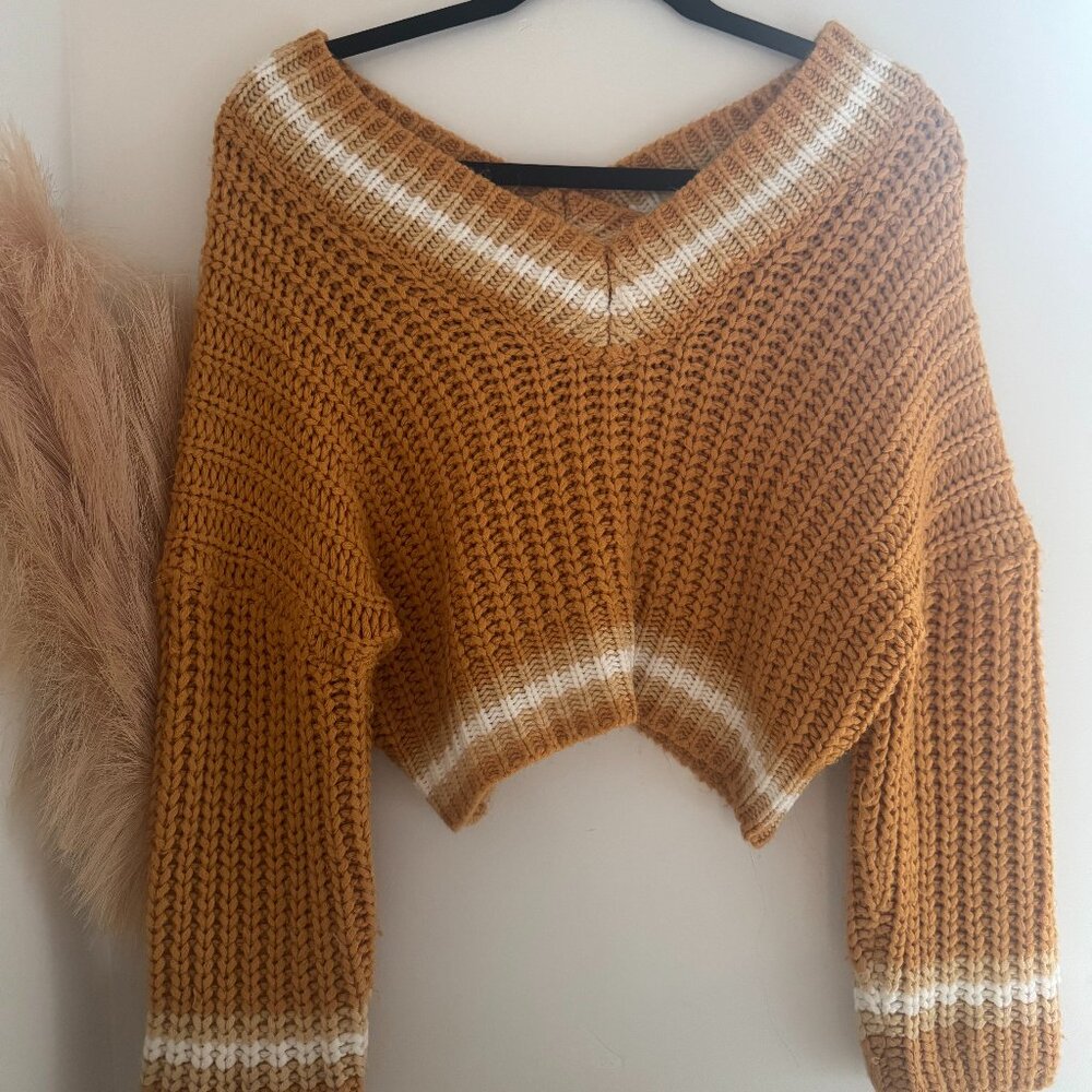 Sage Avery Mustard Yellow and White Striped Cropped Knot Sweater - Size Medium